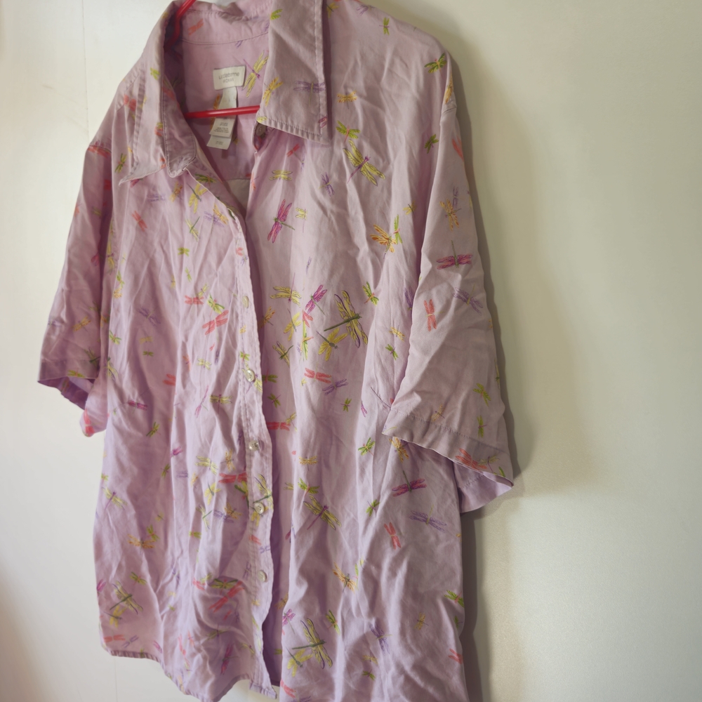 Liz Claiborne Woman 3X Silk Lavender Dragonfly Button Up Shirt Vintage Pastels - Picture 2 of 9